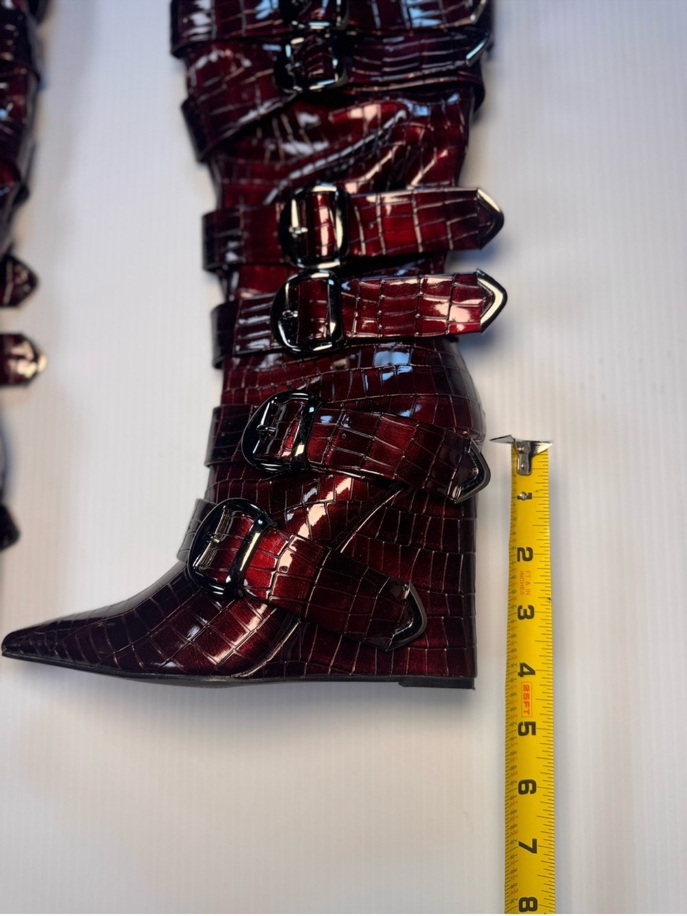 NWOT - Azalea Wang Cinzia Maroon Croc Knee High Buckle Boot - Picture 4 of 5